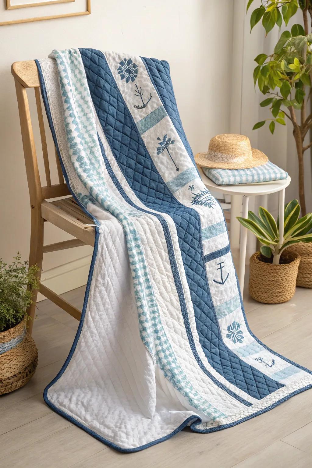 Embrace coastal serenity with nautical stripes: a minimalist quilt that brings the sea to your home.