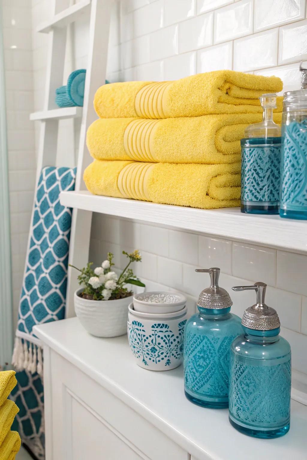 Yellow towels and blue accents add a lively touch to a neutral bathroom.