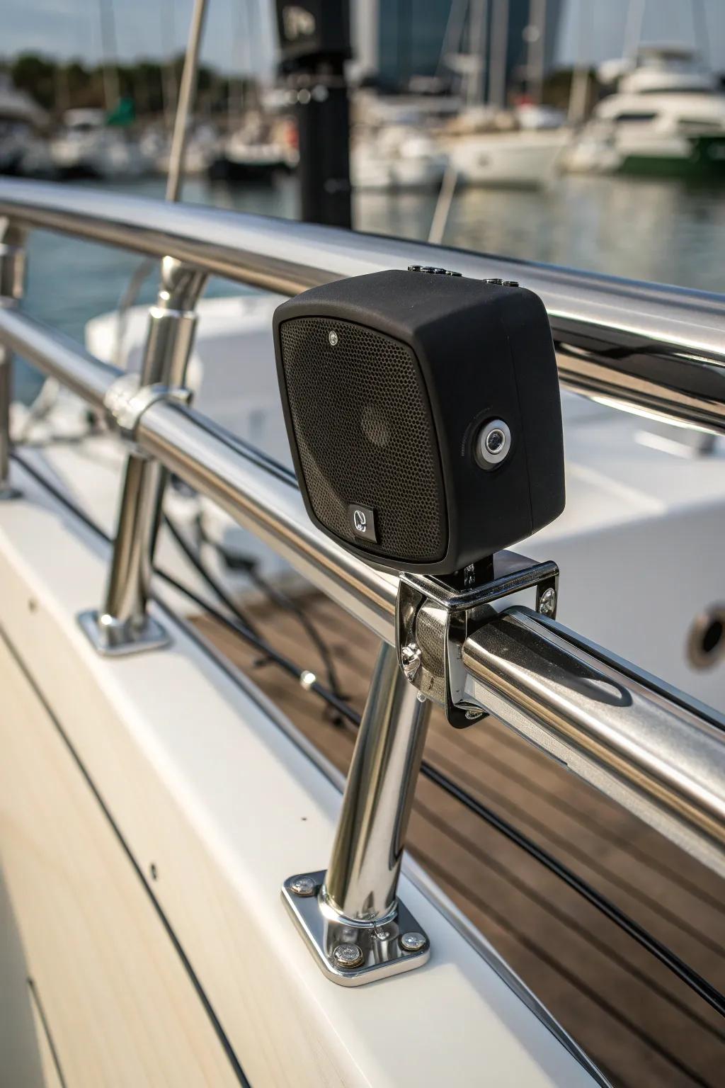 Elevate your sound experience: Stylish and secure speaker mounting on your boat's rail.