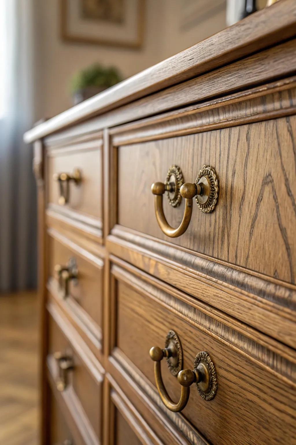 Vintage brass handles add character to this boho dresser.