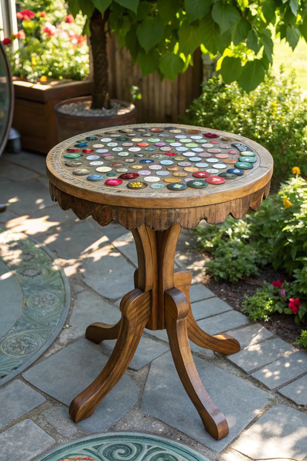 Sunlit Craftsmanship: A Bottle Cap Bistro Table for Your Patio Retreat