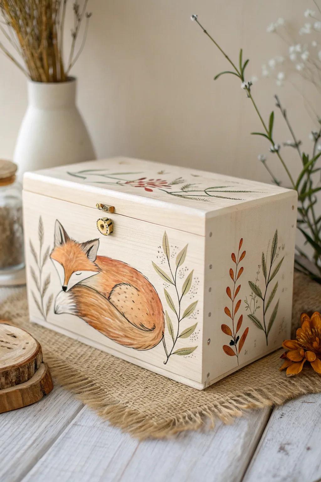 Embrace the charm of nature with this beautifully painted animal motif box, perfect for adding a whimsical touch to any space.