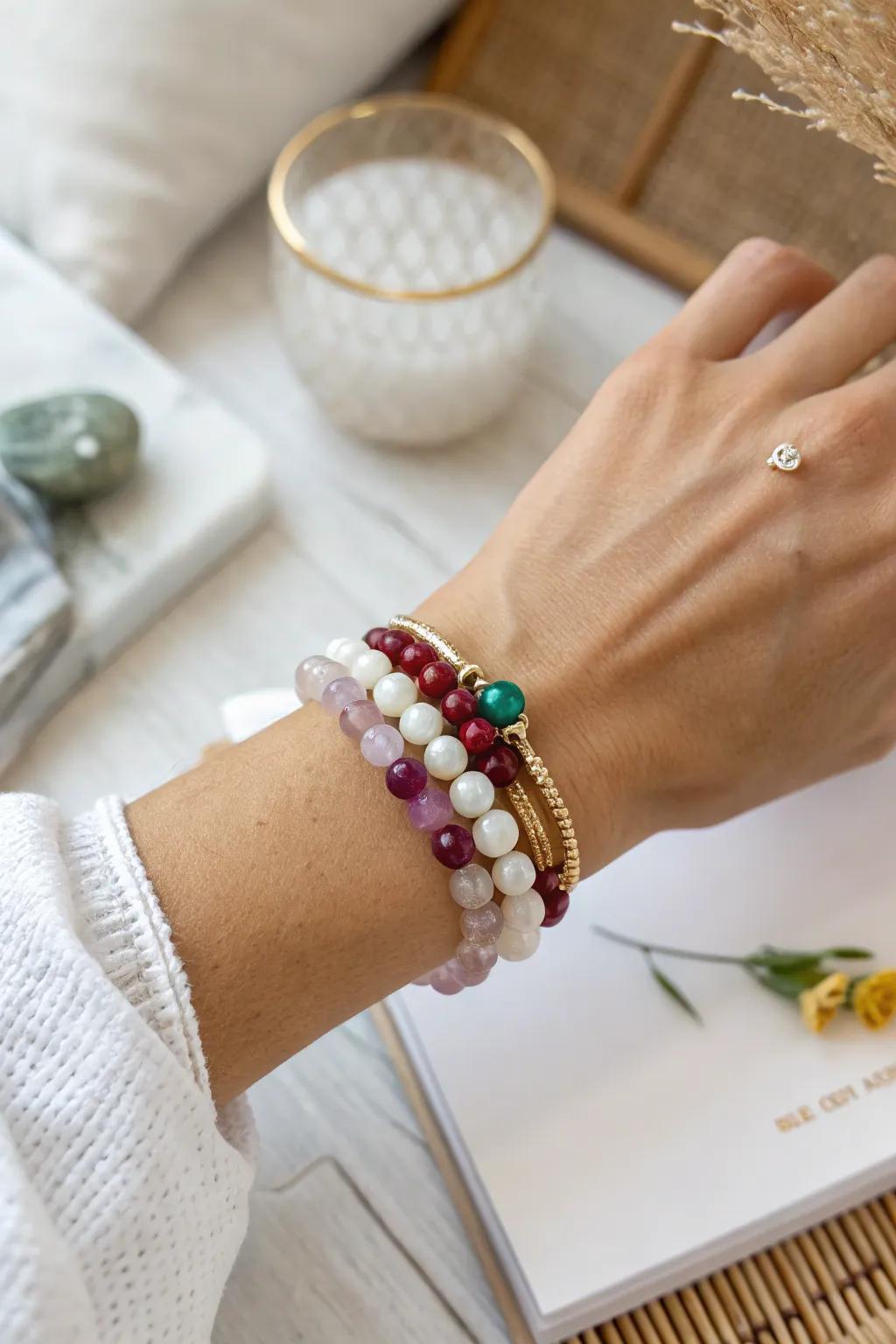 Add a splash of color to your day with a vibrant gemstone bracelet, perfect for a minimalist twist on boho elegance.