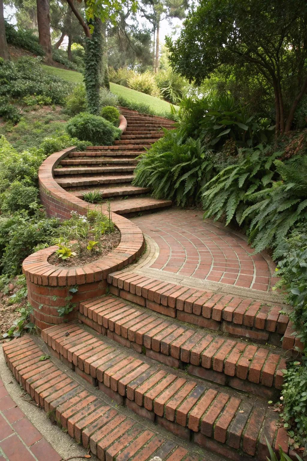 Step into serenity with these artfully crafted curved brick garden steps, leading you into a hidden paradise.
