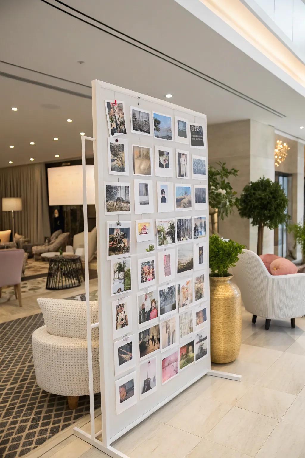 Artistic photo board display at a bridal shower.