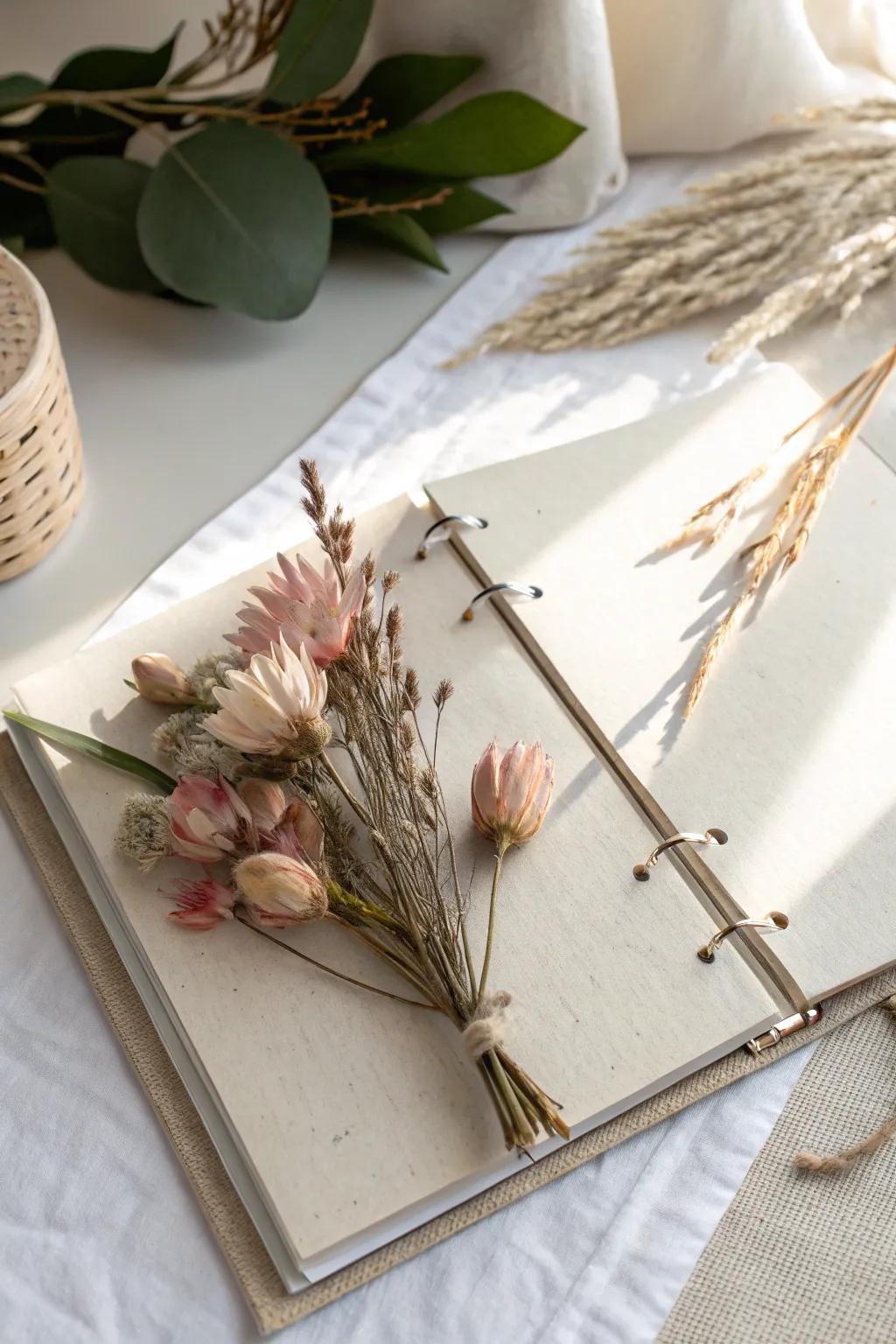 Capture your wedding's essence with delicate dried floral arrangements in your scrapbook. 🌸✨ #BridalMemories #MinimalistBeauty