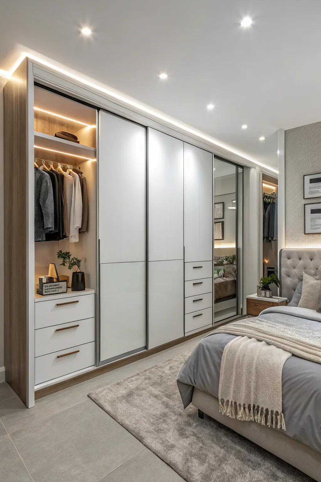 Integrated lighting transforms a wardrobe into a glowing centerpiece.