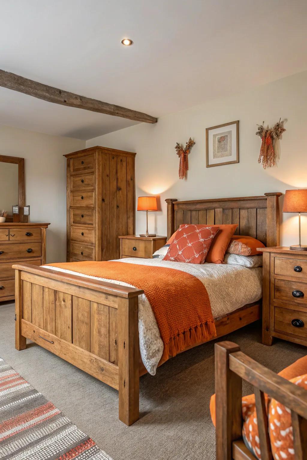 Rustic wooden furniture paired with burnt orange accents.