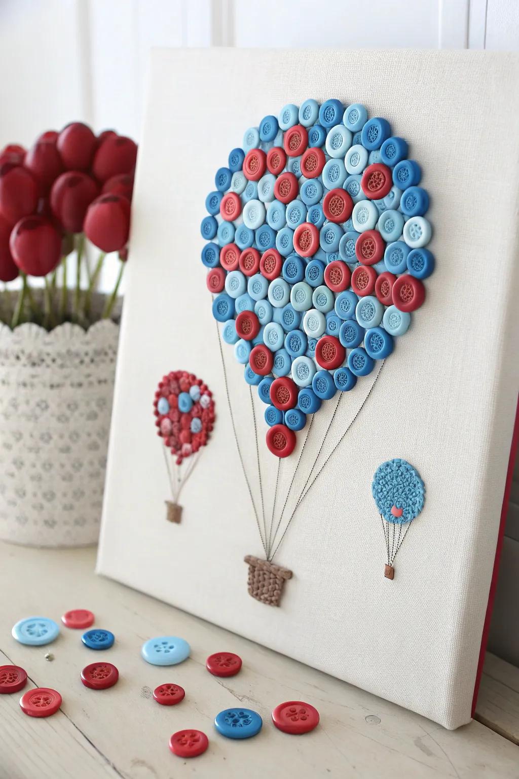 Elevate your space with whimsical button hot air balloons, a touch of summer adventure crafted from simplicity and charm.