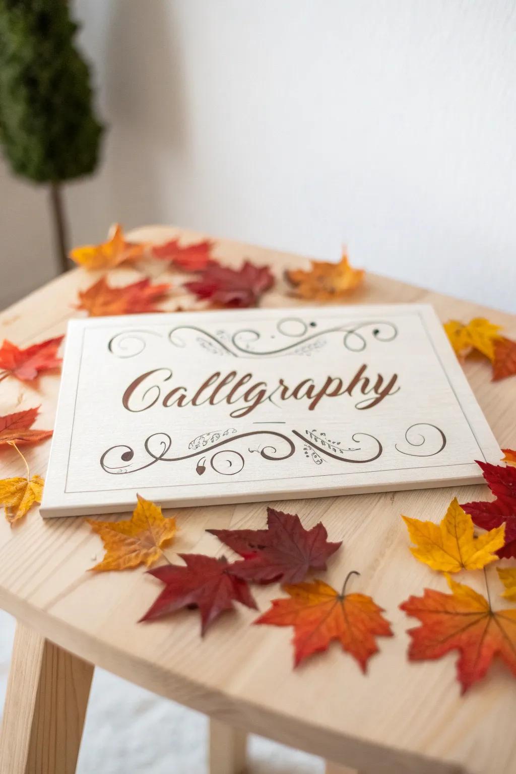 Embrace the season with elegant calligraphy and the natural beauty of autumn leaves.