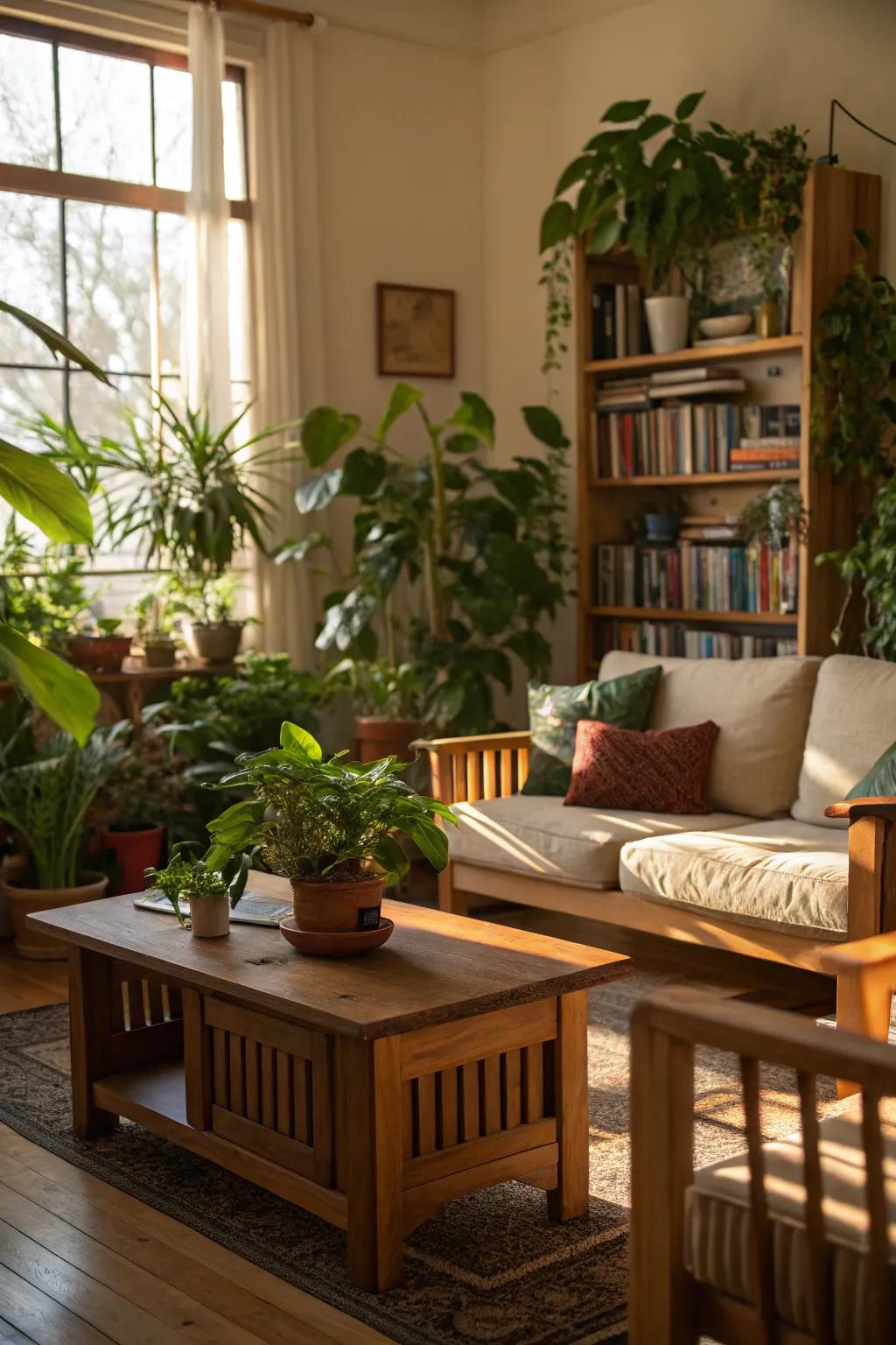 A living room enriched with natural elements like wood and plants.