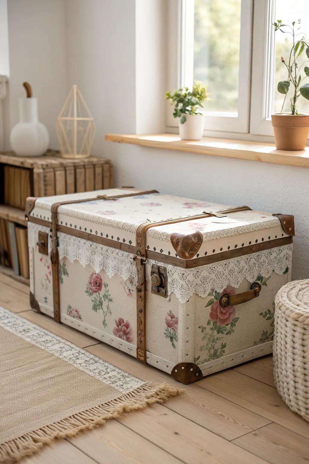 Transform your camp trunk into a masterpiece with fabric and lace elegance.