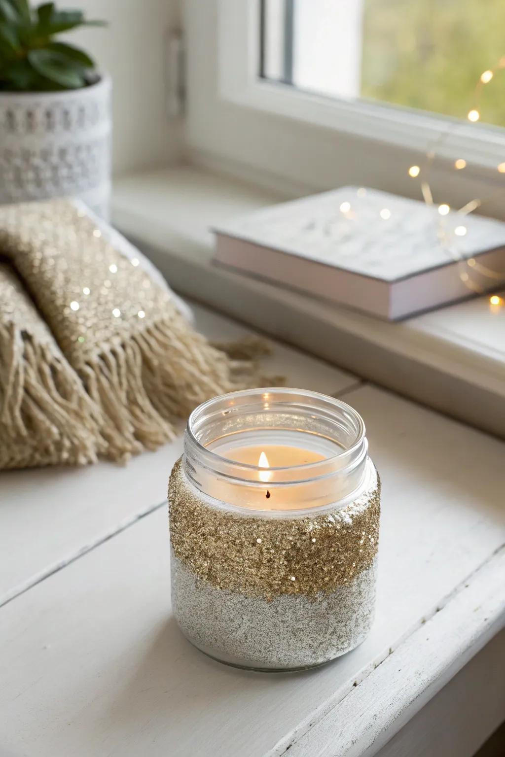 Add a touch of glitter glam to your space with this stunning candle jar, perfect for a minimalist yet festive vibe.
