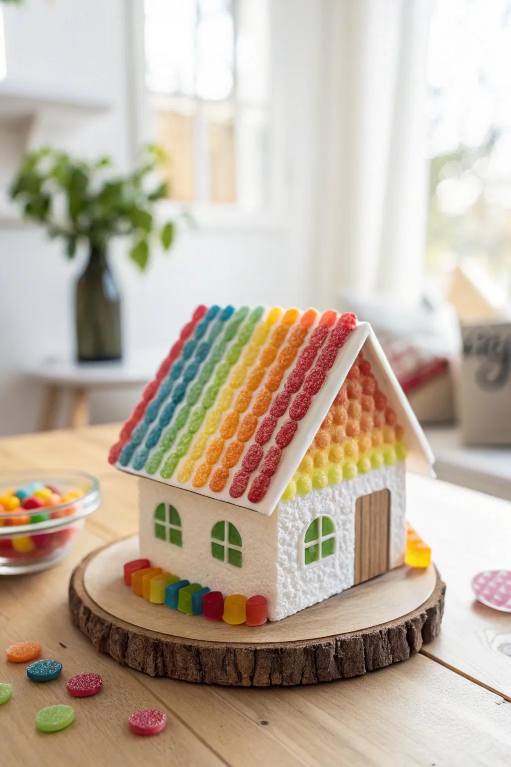 Add a burst of color to your party with this enchanting rainbow roof candy house!
