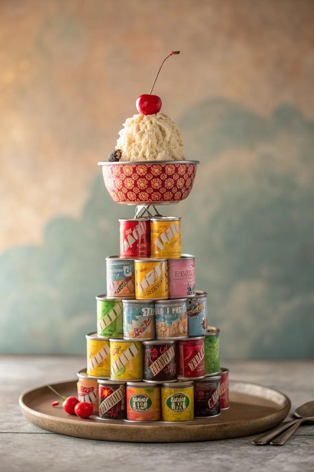 Indulge in the art of canstruction with this delightful sundae creation.