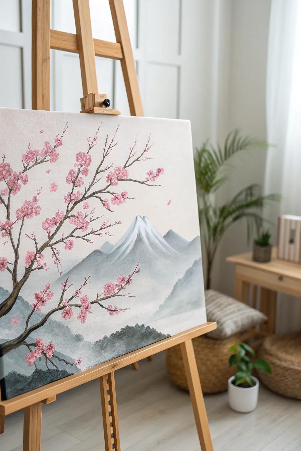 Embrace tranquility with cherry blossom mountains on canvas.