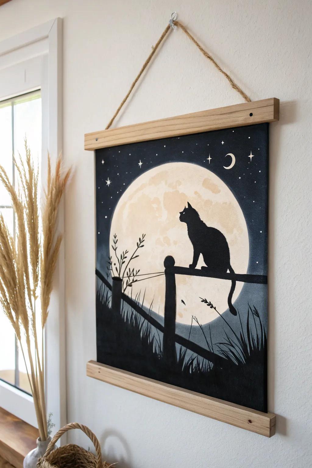 Embrace the mystical charm with this minimalist black cat silhouette under a starry night.