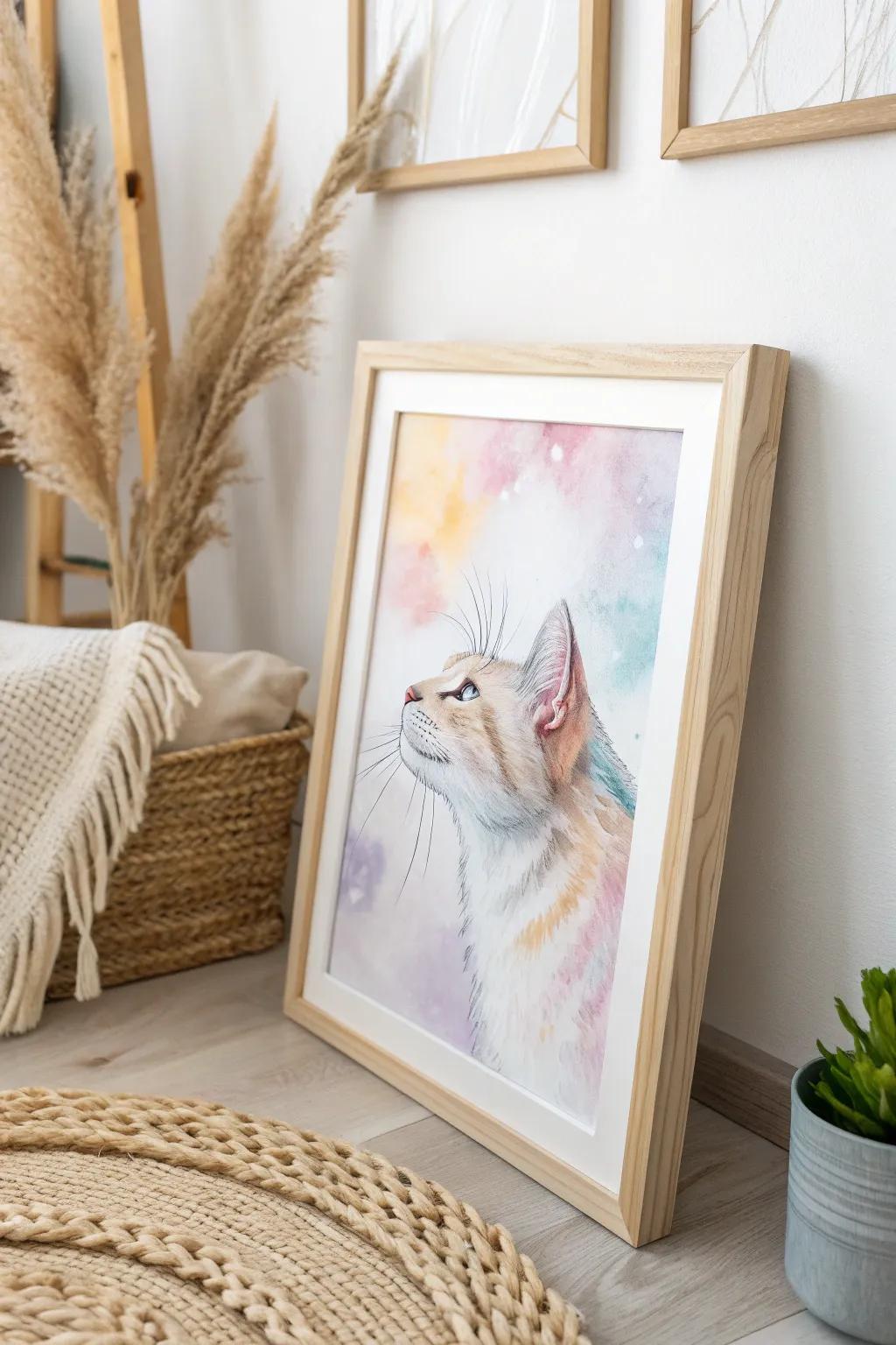 Embrace the serenity of whimsical watercolors in your cat-inspired art.