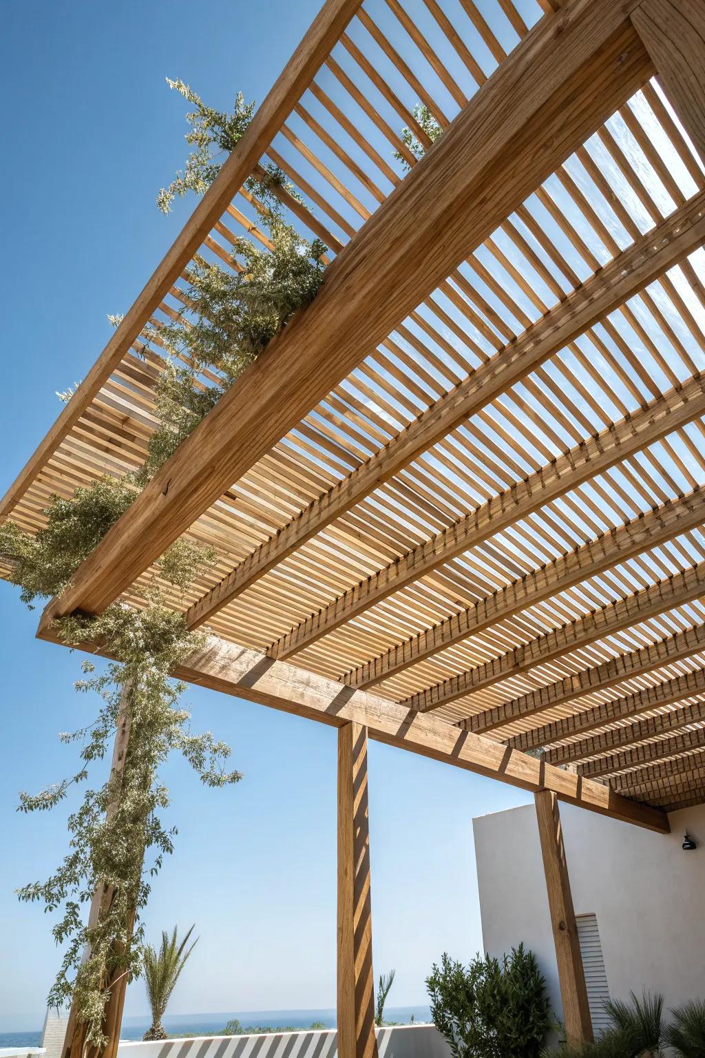 Bask in the beauty of simplicity and craftsmanship with this elegant wooden slat and lattice roof design. Perfect for your serene outdoor space.