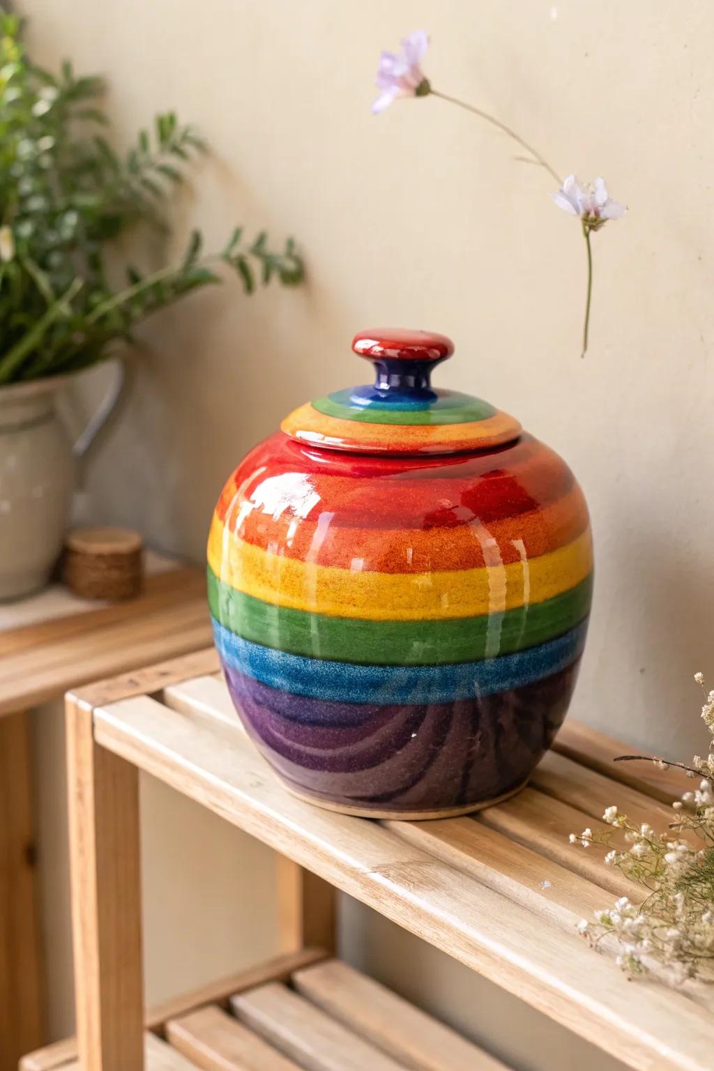 Add a splash of color with a handcrafted rainbow-themed pot, perfect for brightening up minimalist spaces.