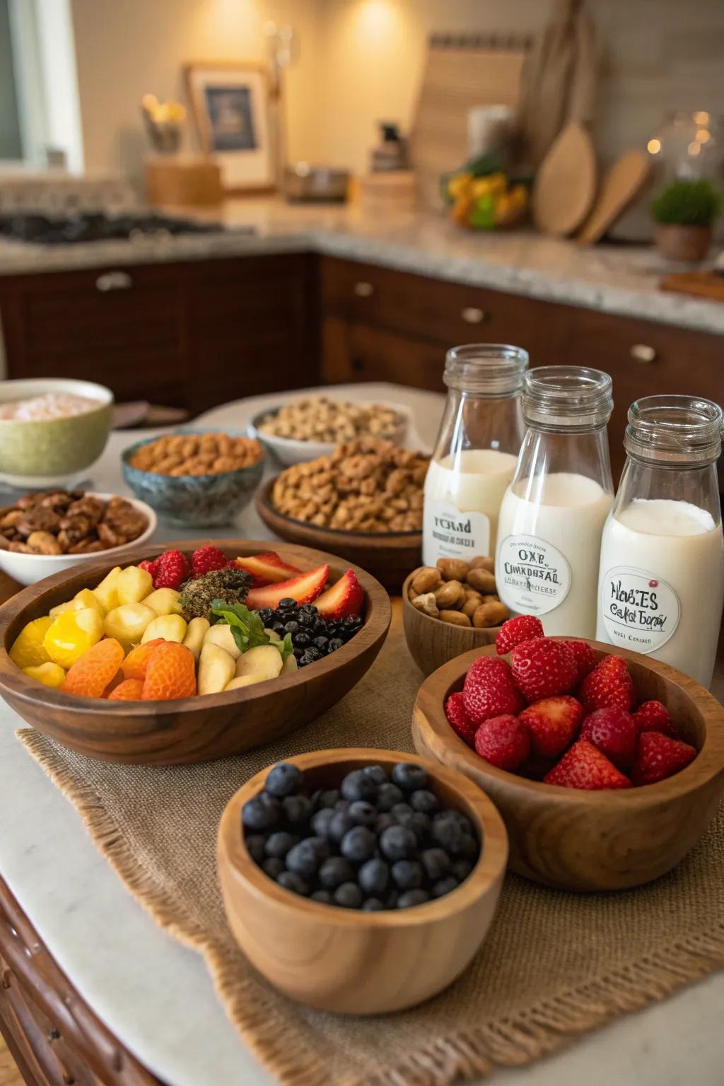 A table with bowls of fruits, nuts, and different flavored milks for a cereal toppings station.