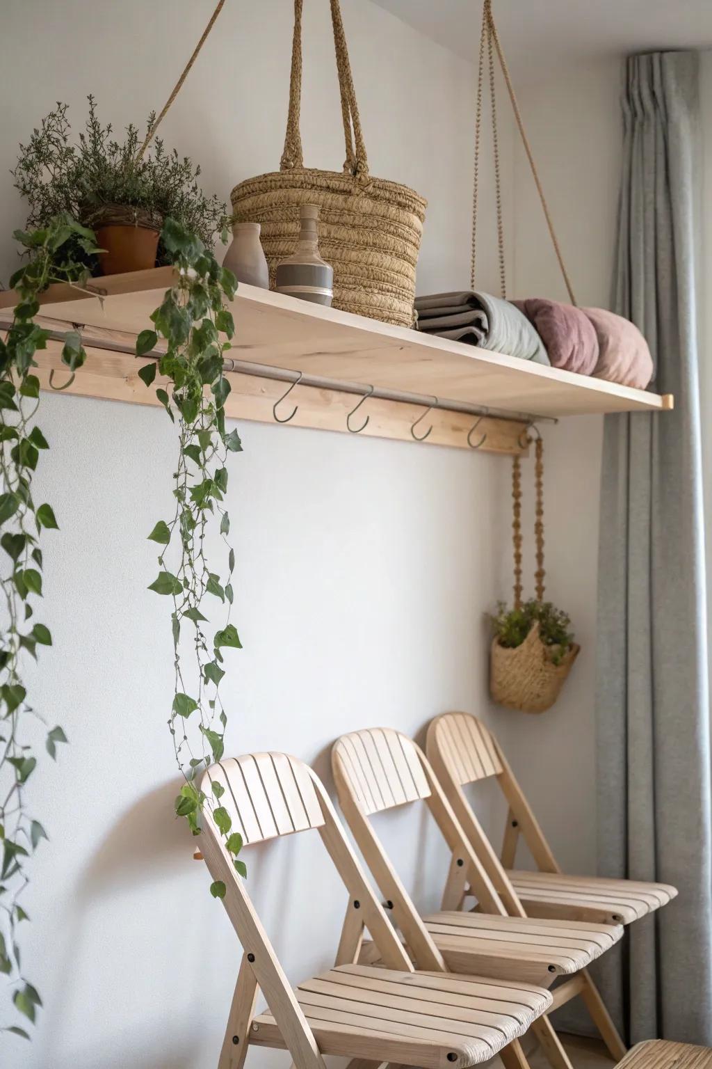 Elevate your space with chic overhead shelving—perfect for stylishly storing chairs and more. 🌿✨