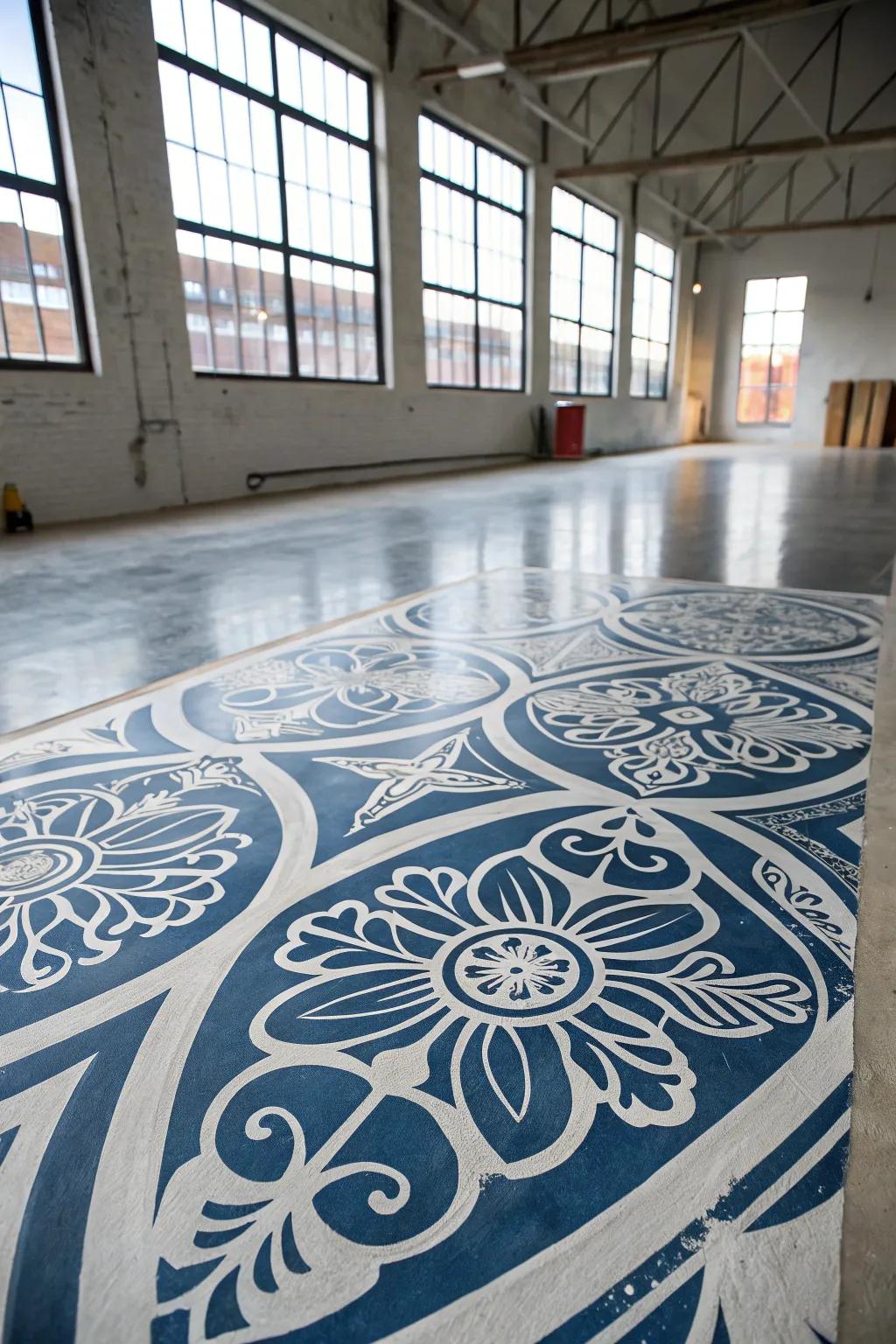 Transform your space with stunning stencil art on concrete floors: a DIY marvel!