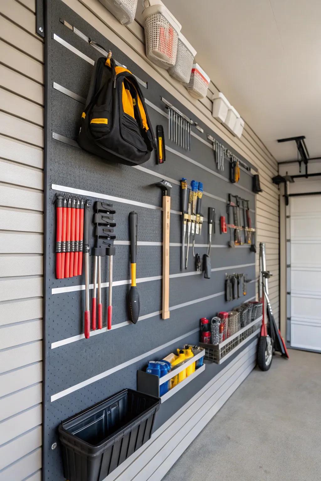 Slatwalls provide a clean and versatile storage solution.