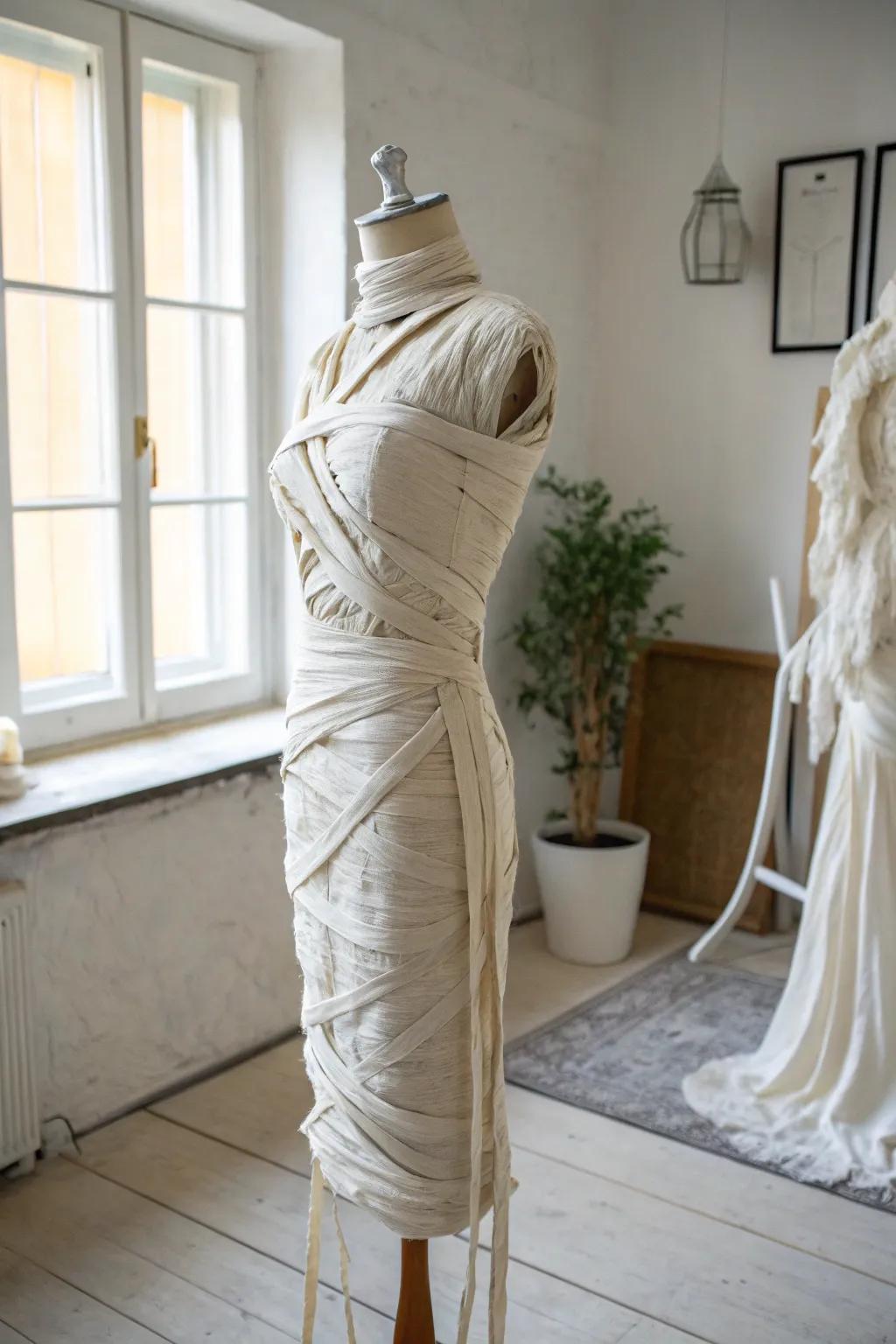 Craft a chic mummy look with upcycled fabrics for a stylish and eco-friendly Halloween costume!