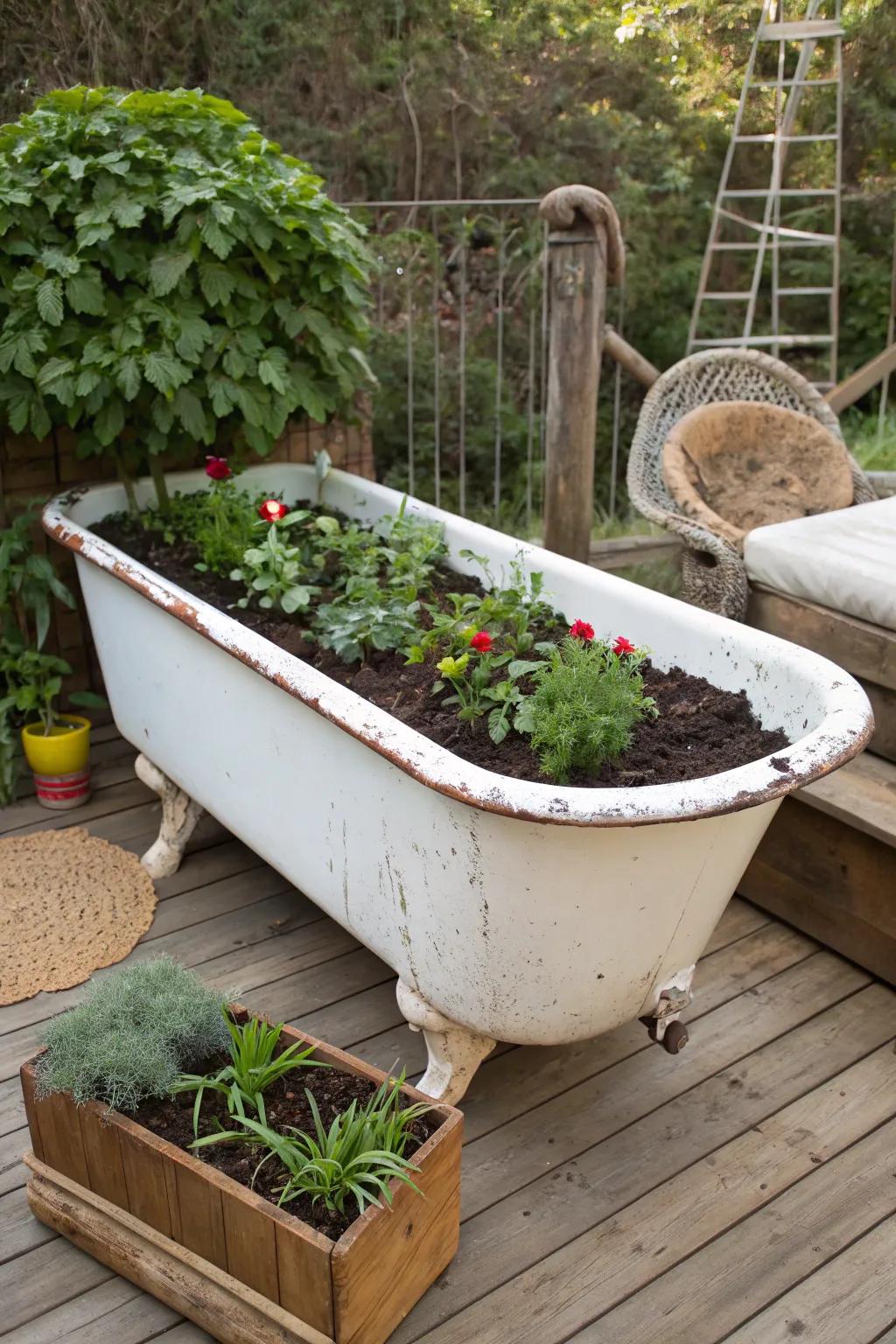 Transform vintage charm into garden magic with a repurposed bathtub planter!