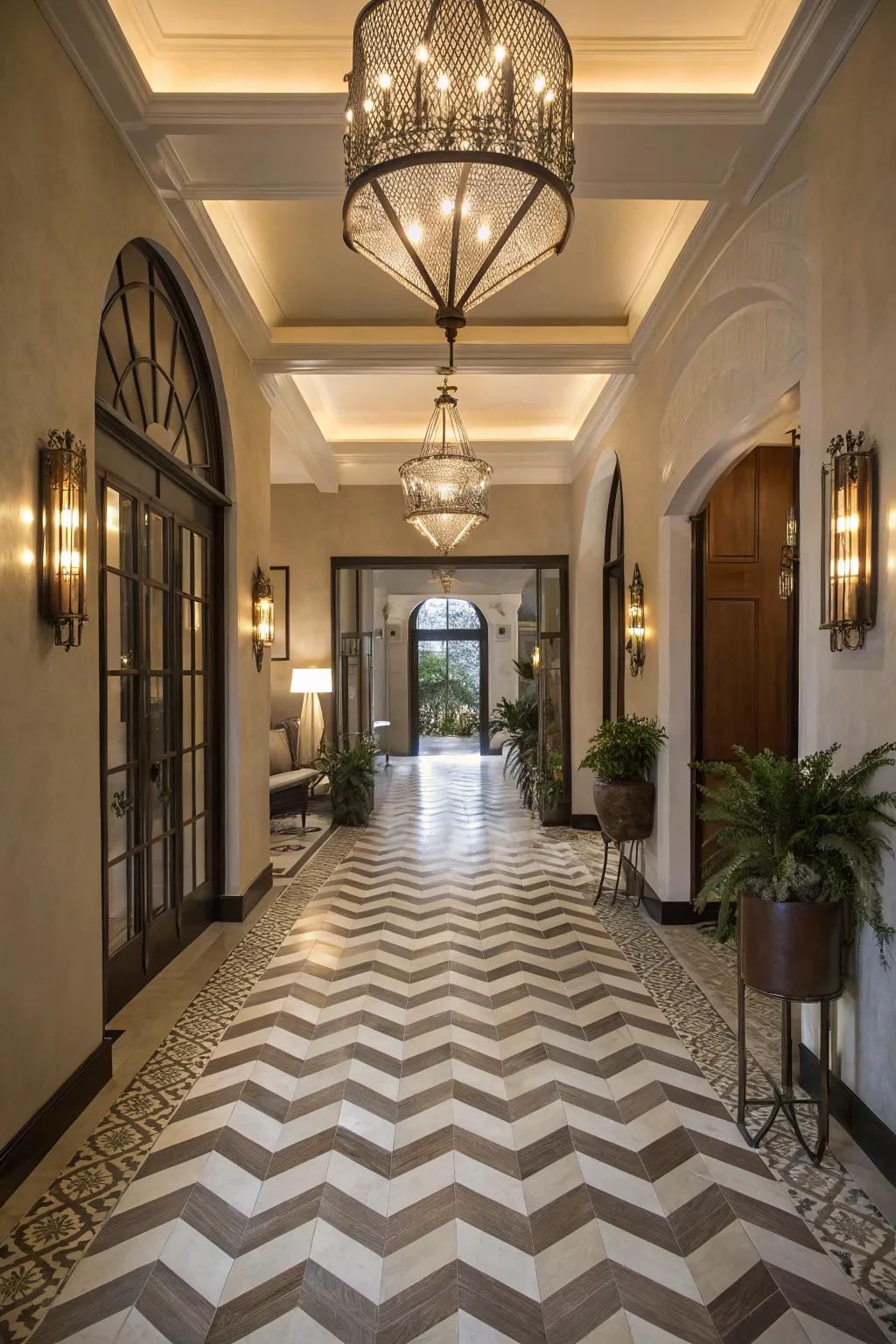 Chevron tiles make a striking statement in this inviting entryway.