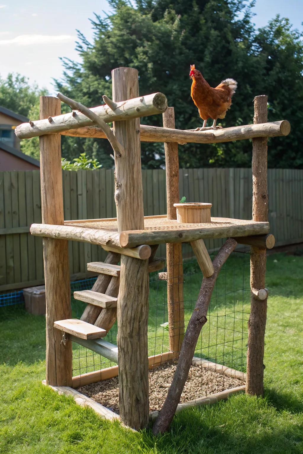 Elevate your chicken run with handcrafted perches that offer a new perspective.