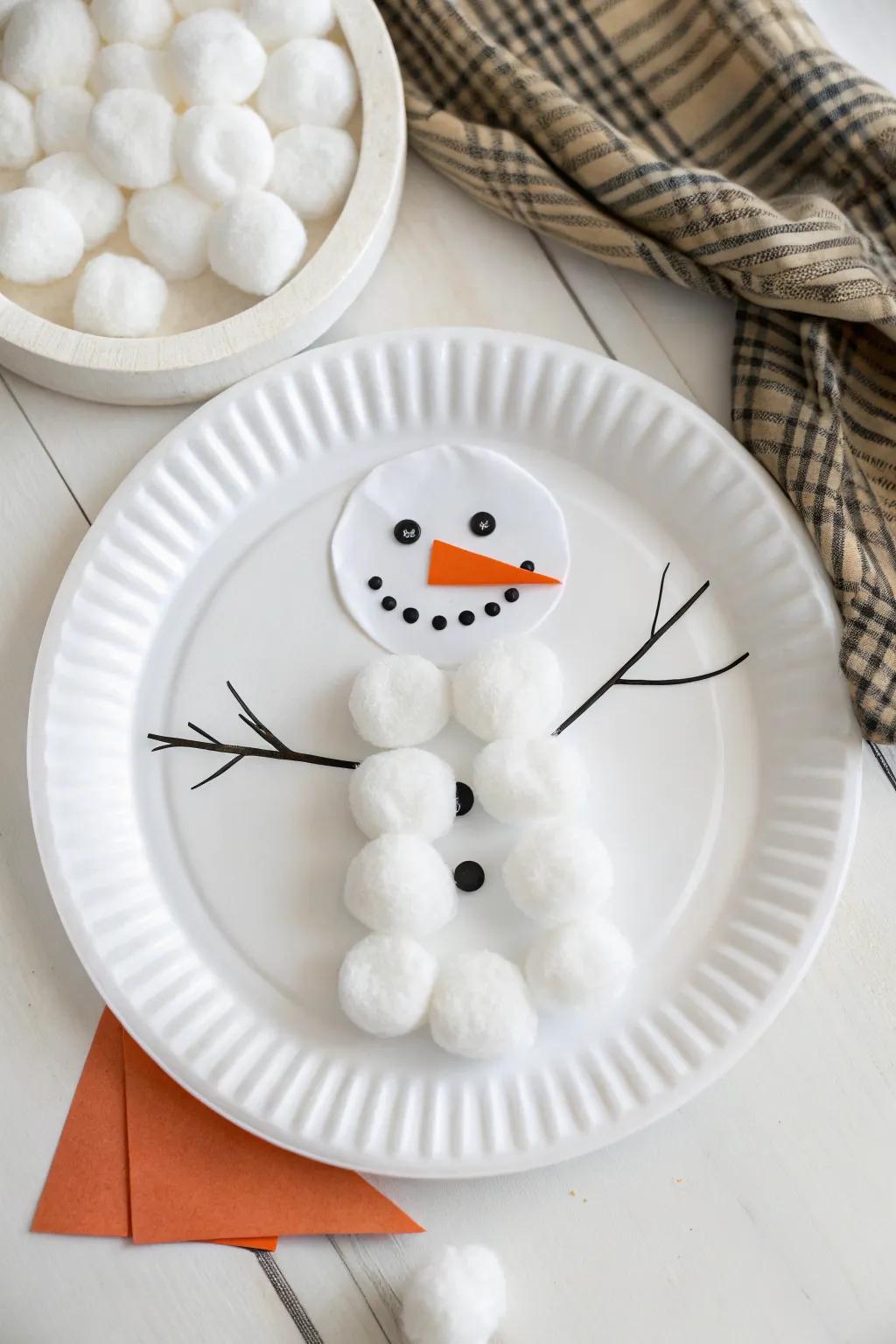 Embrace the joy of creating with this minimalist paper plate snowman, perfect for a cozy afternoon craft session.