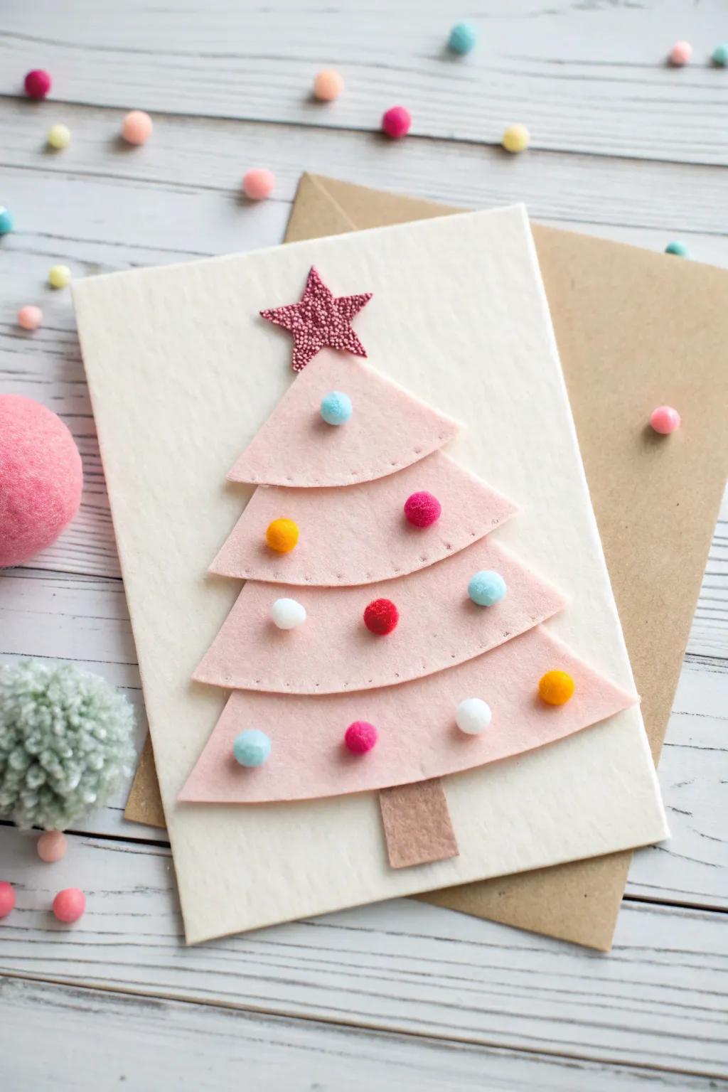 Embrace the charm of simplicity with a handmade felt Christmas tree card, perfect for spreading warmth and joy this holiday season.