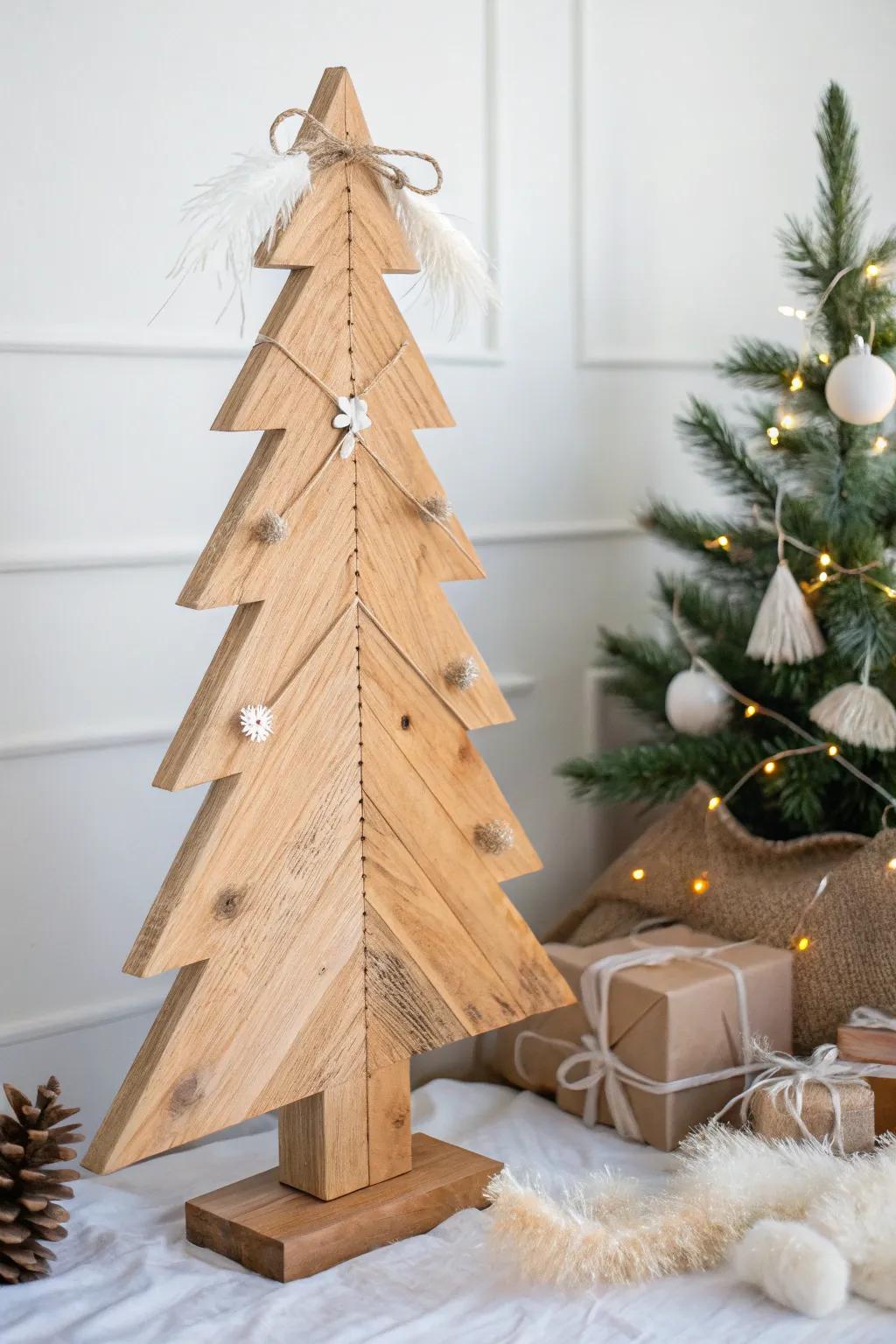 Embrace rustic elegance this holiday with a handcrafted wooden Christmas tree, perfect for a minimalist yet festive decor.
