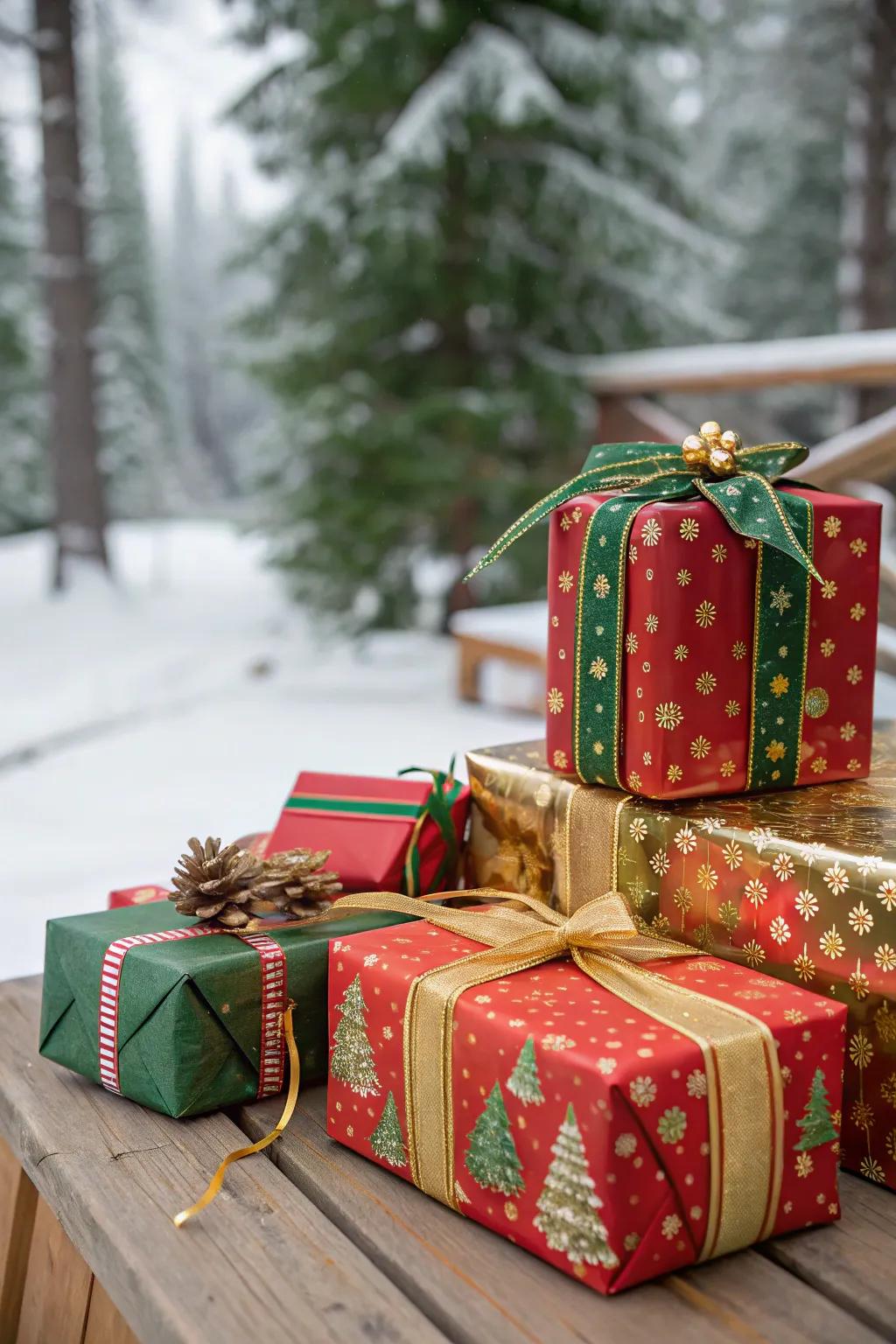 Vividly wrapped gifts that capture the holiday spirit.
