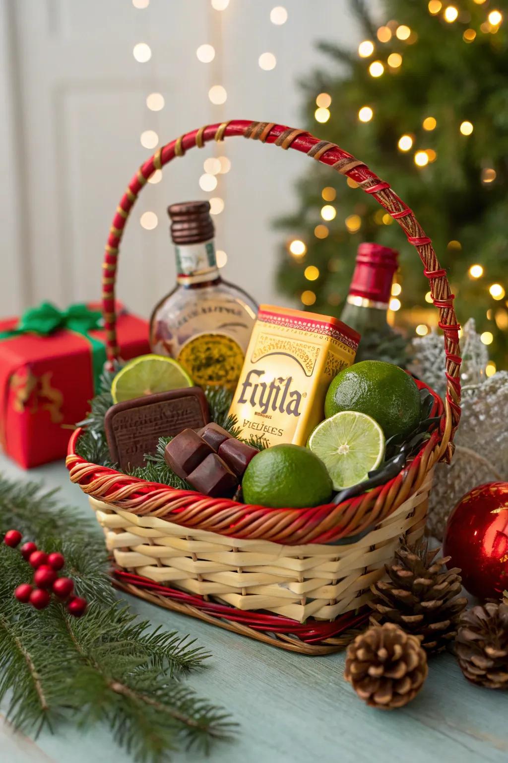 A tequila basket ready to liven up any holiday party.