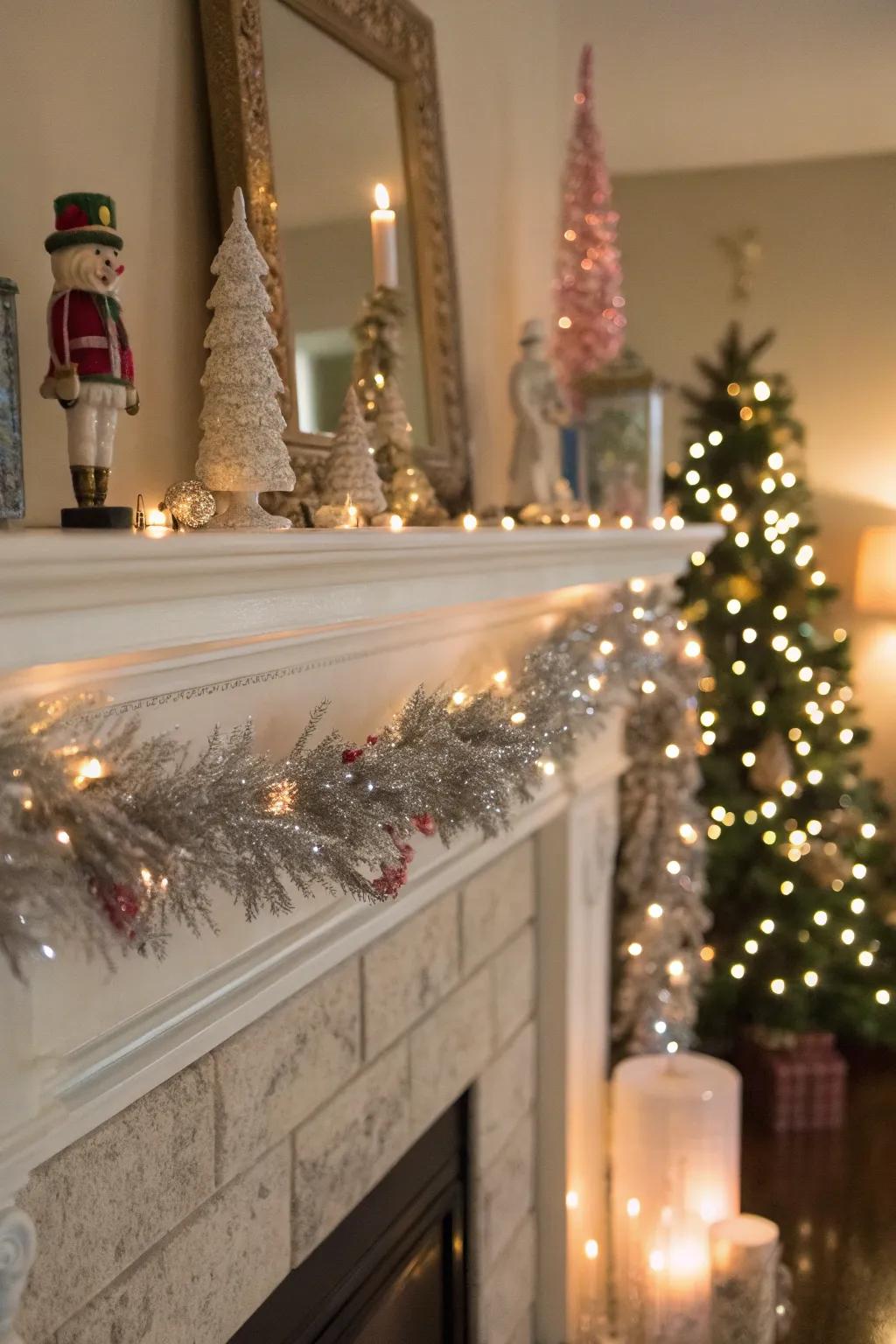 A glamorous mantel bringing festive cheer with tinsel and holiday accents.