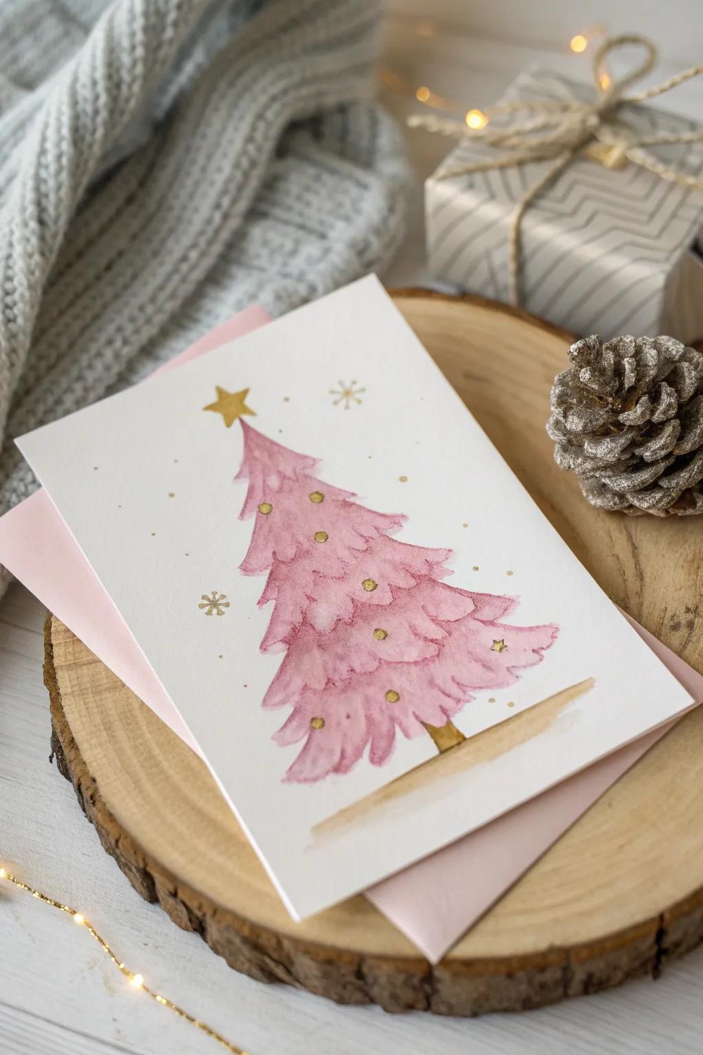Add a playful twist to your holiday greetings with this charming pink Christmas tree card!