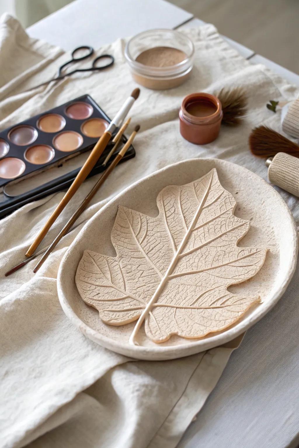 Elevate your creative space with this stunning leaf-shaped clay palette, where art meets nature.