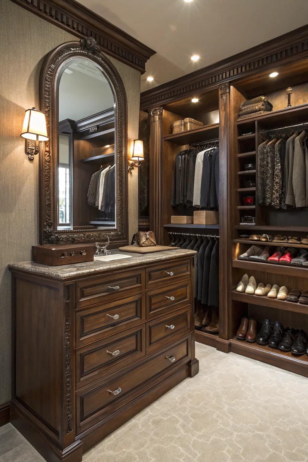 Elevate your closet with a luxurious built-in vanity, the perfect blend of style and function.