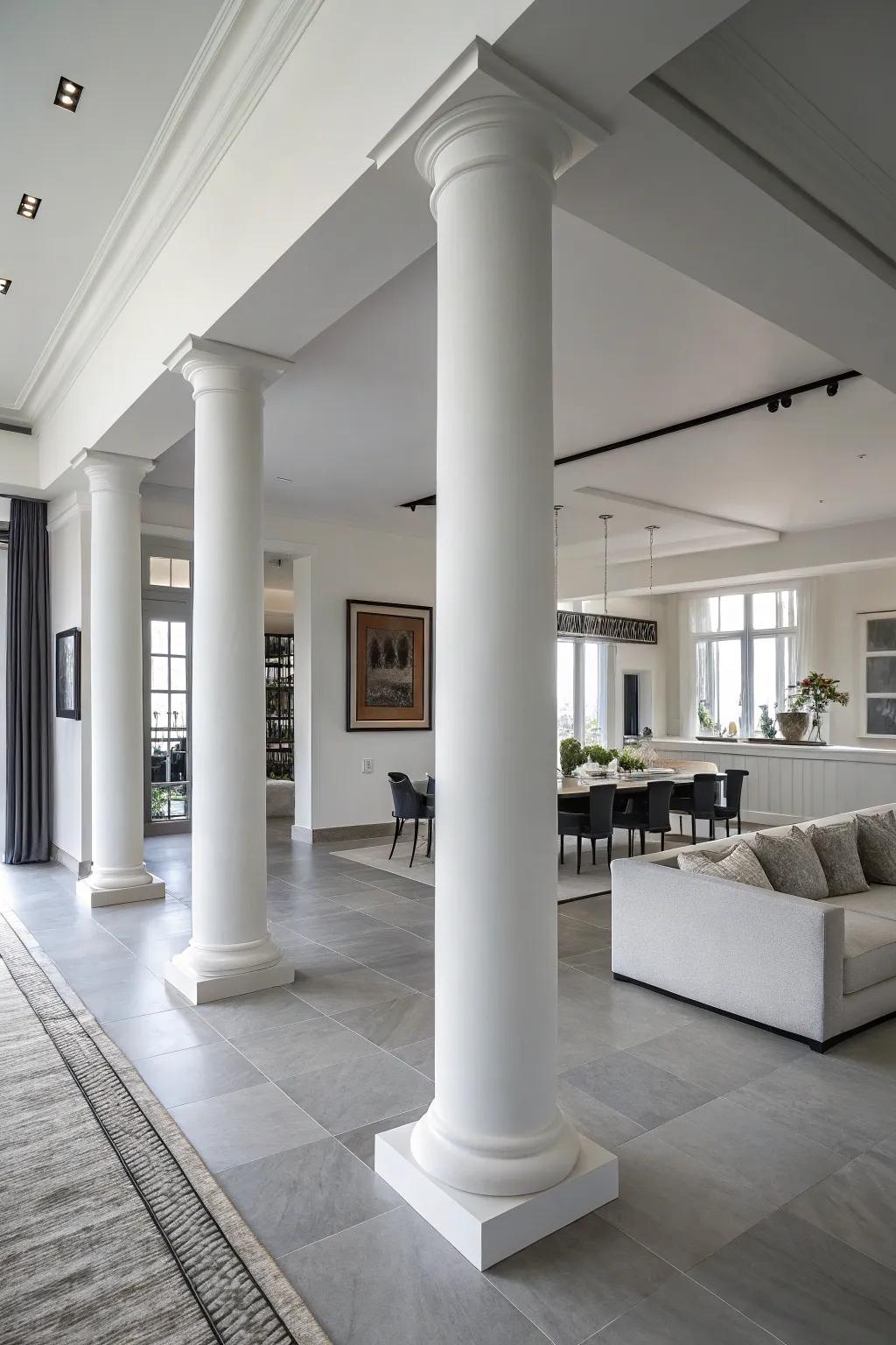 Minimalist columns providing subtle separation in a sleek modern living room.