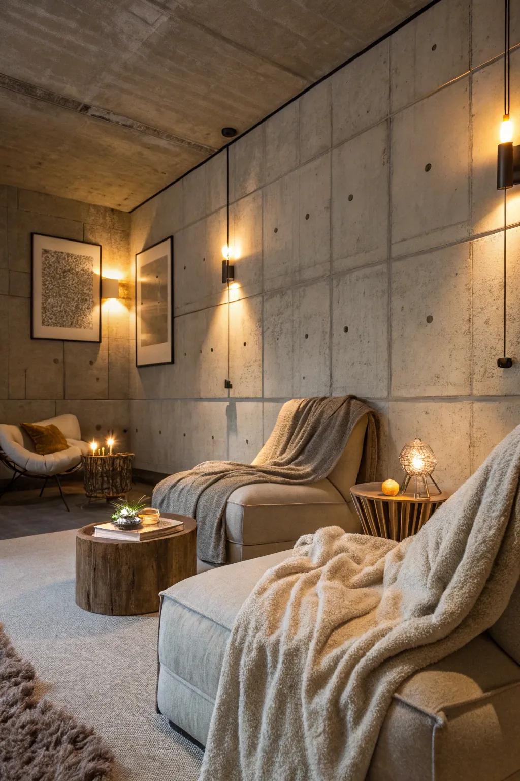 Warm lighting transforms concrete walls into a cozy haven.