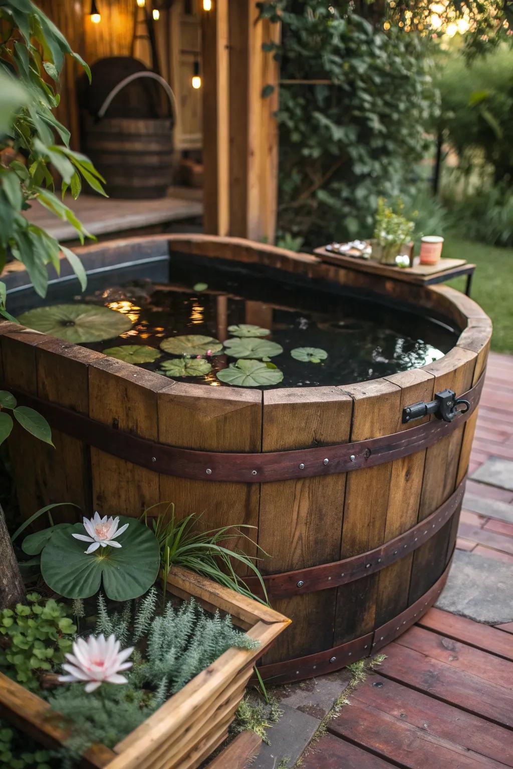Embrace rustic elegance with a handcrafted wooden pond, where simplicity meets natural beauty.
