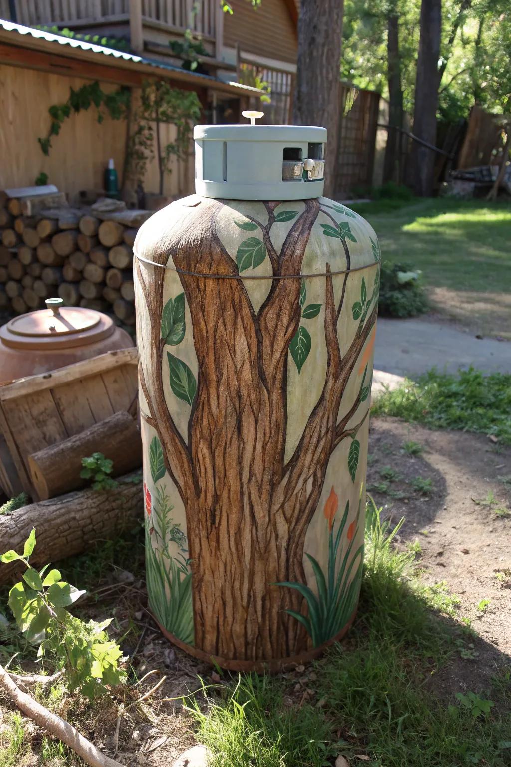 Transform your backyard with this stunning tree bark-inspired propane tank design.