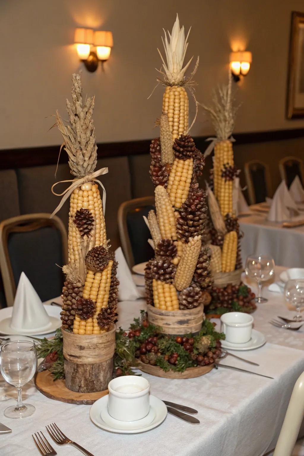 Sophisticated corn stalk topiaries make a unique centerpiece.
