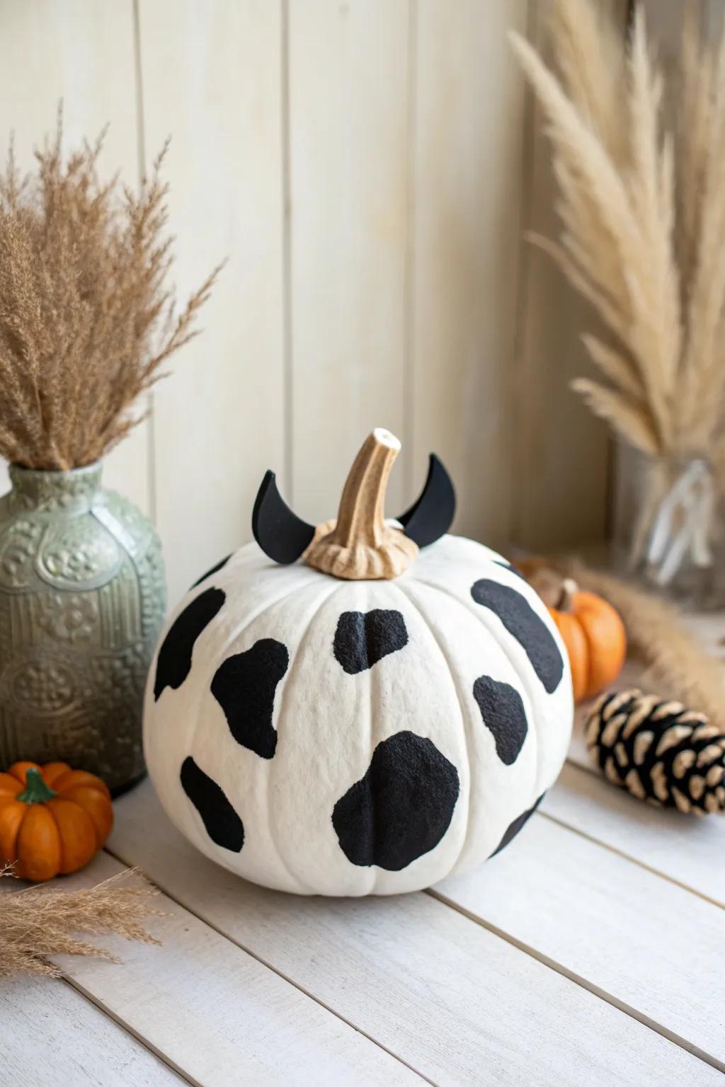 Add a playful twist to your autumn decor with this charming cow pumpkin featuring 3D felt ears and horns!