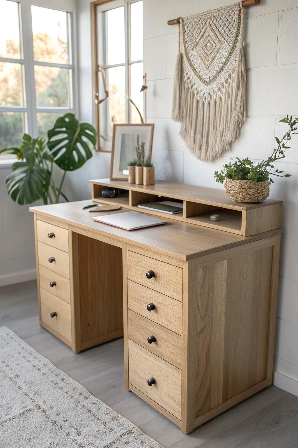 Discover the elegance of organization with our minimalist desk featuring hidden drawer storage. Perfect for a tidy, serene workspace.