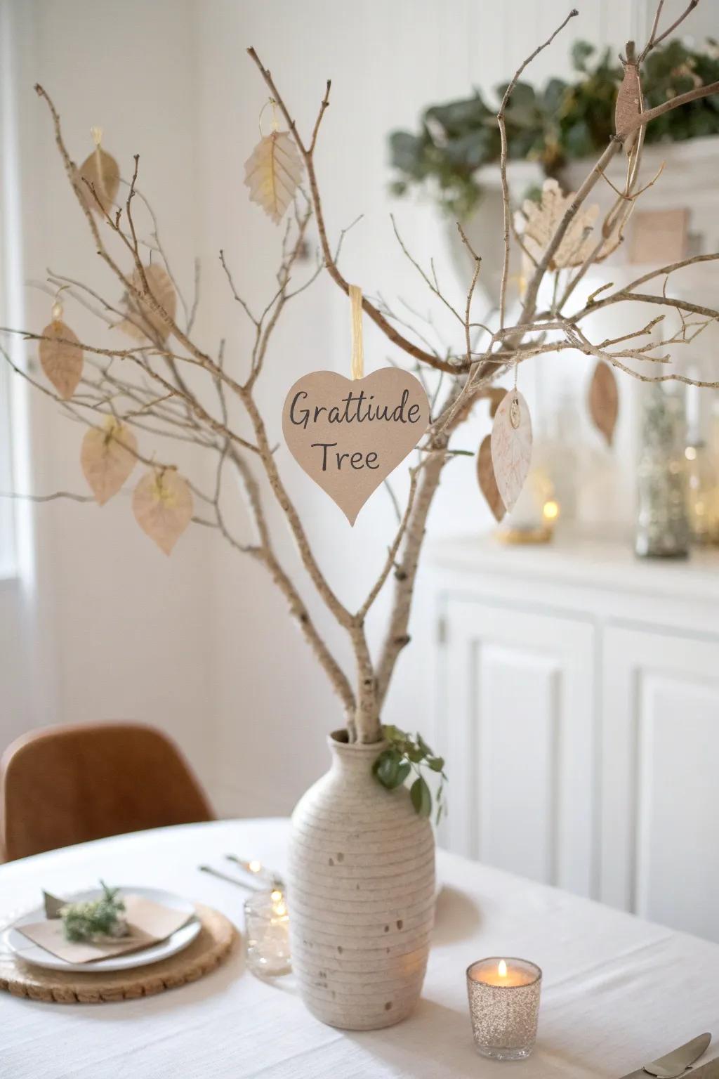 Elevate your Thanksgiving table with a gratitude tree centerpiece that celebrates simplicity and heartfelt thanks.