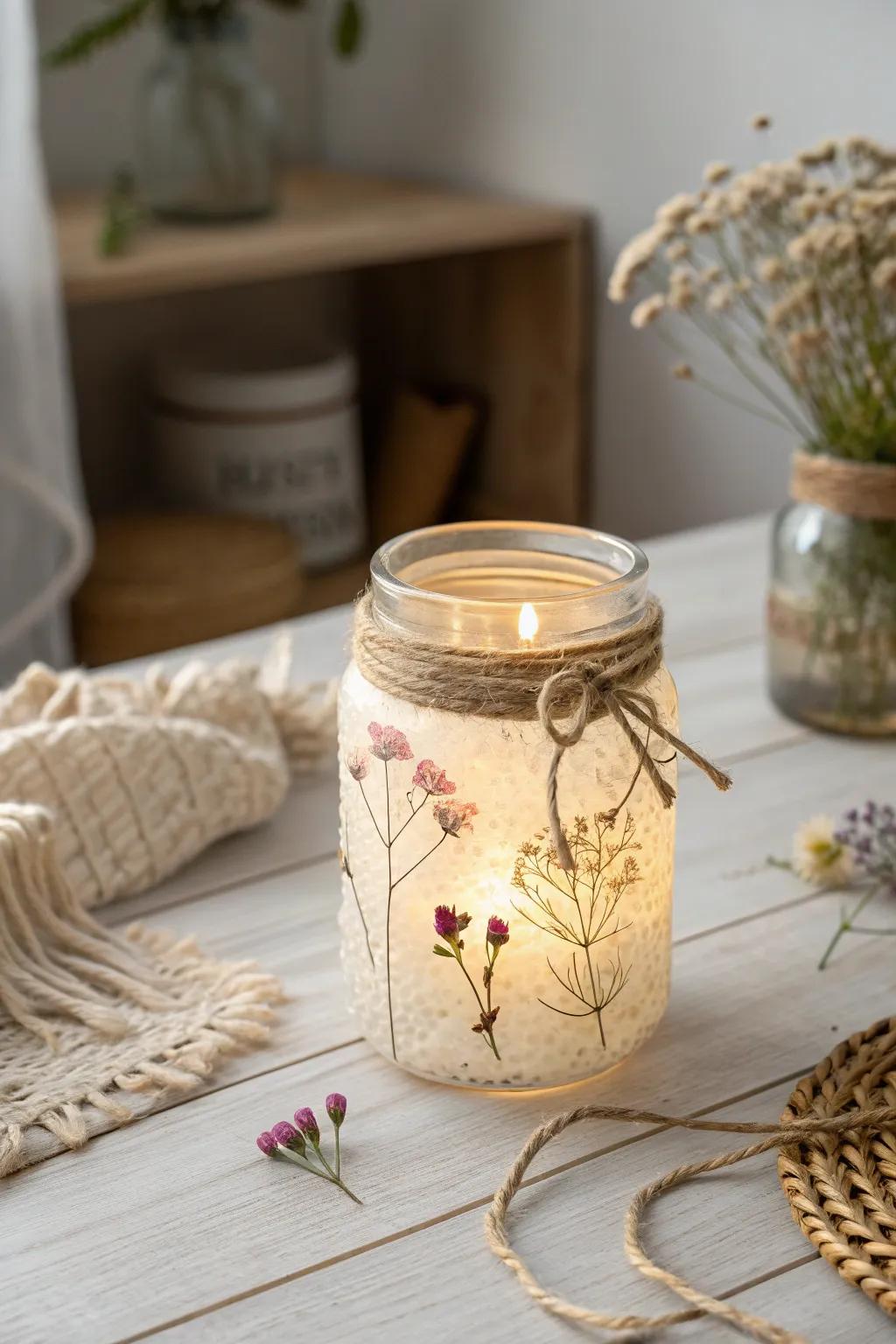 Illuminate your space with eco-friendly elegance: Upcycled glass jar lantern with rustic charm.